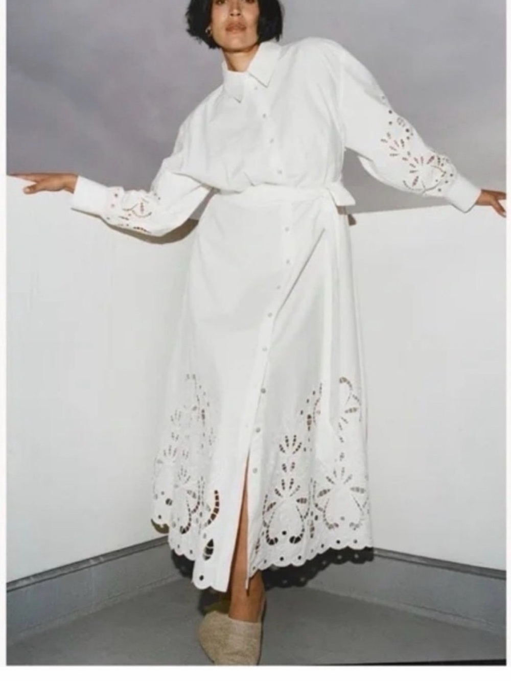 H&M Women's White Eyelet Embroidered Lace Trimmed Maxi Dress Large - Picture 2 of 12